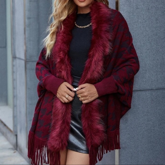 Classic Burgundy Houndstooth Vegan Fur Cardigan - Picture 4 of 13